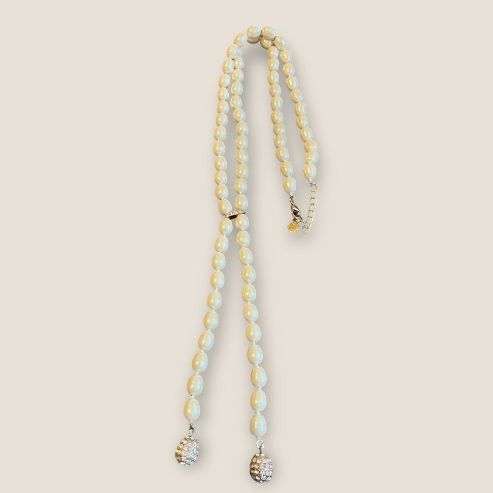 Charter Club Faux Pearl Necklace 30" With 6" Drop & Rhinestone Bead Accents